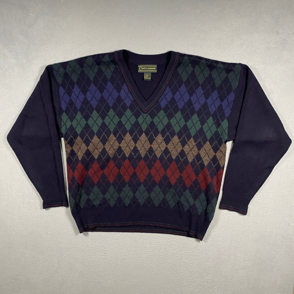 Vintage Croft & Barrow Sweater Mens Large Navy Argyle V-Neck Wool Blend Knit